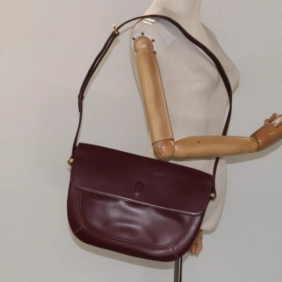 CARTIER Must Line Shoulder Bag Leather Wine Red Gold Auth - Picture 1 of 16